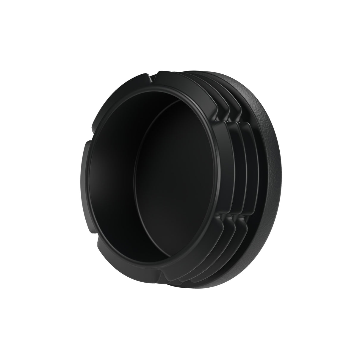 Tappo a lamelle nero per raccordo femmina 1″1/4 33x42, vista dal basso: corpo cavo e lamelle