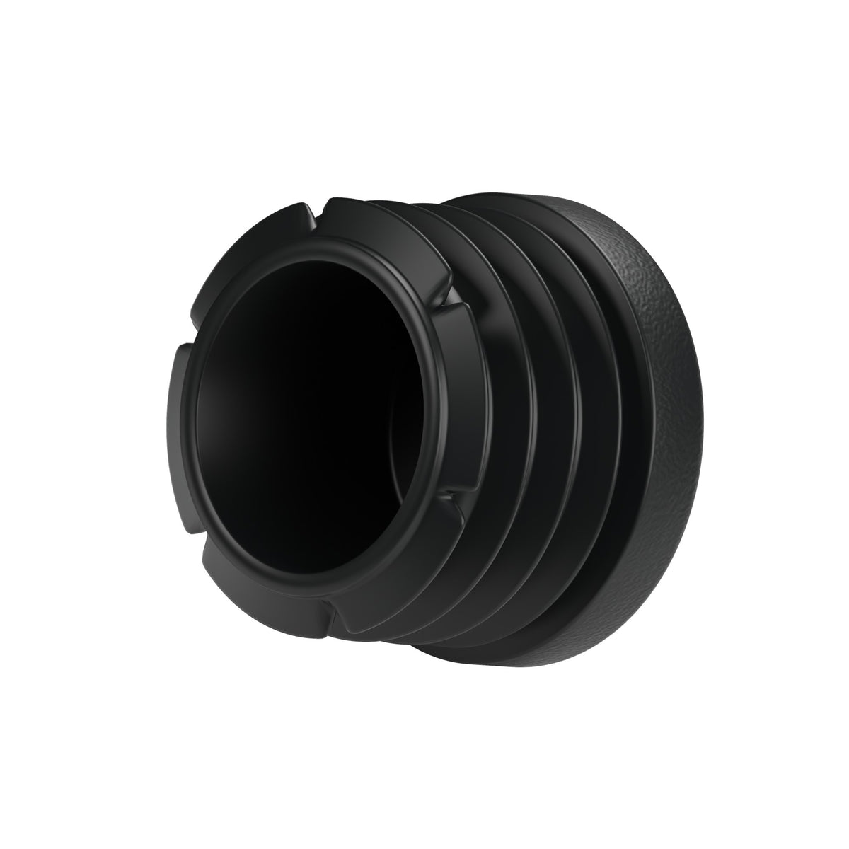 Tappo a lamelle nero per raccordo femmina 1″ 26x34, vista dal basso: corpo cavo e lamelle