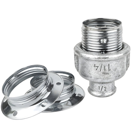 Kit portalampada E27 in metallo lucido color argento su raccordo 1/2'' (15x21mm) femmina in ghisa zincata