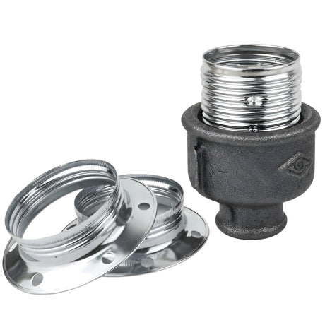 Kit portalampada E27 in metallo lucido color argento su raccordo 1/2'' (15x21mm) femmina in ghisa nera economica