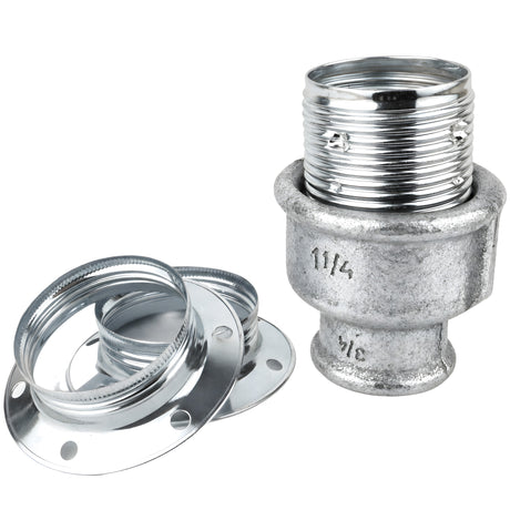 Kit portalampada E27 in metallo lucido color argento su raccordo femmina in ghisa zincata