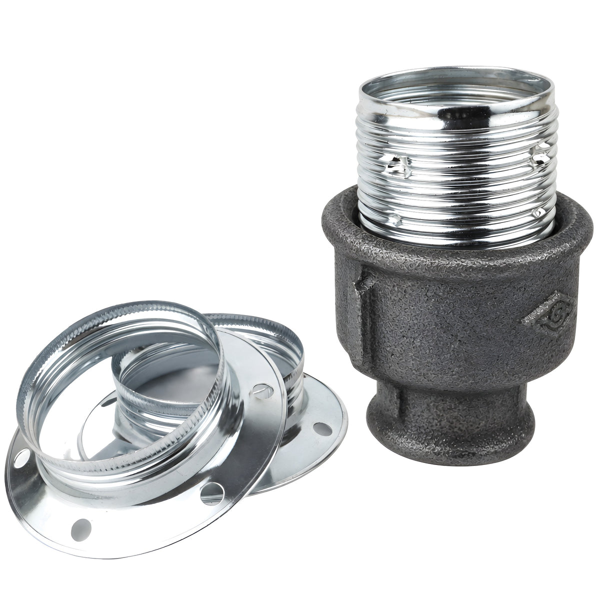 Kit portalampada E27 in metallo lucido color argento su raccordo femmina in ghisa nera economica