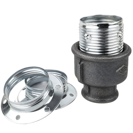 Kit portalampada E27 in metallo lucido color argento su raccordo femmina in ghisa nera economica