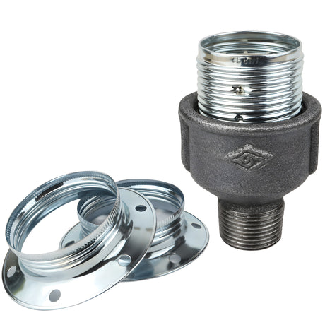 Kit portalampada E27 in metallo lucido color argento su raccordo maschio in ghisa nera economica