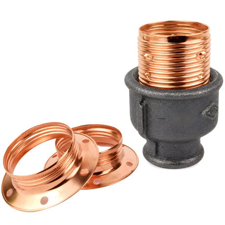 Kit portalampada E27 in metallo lucido color rame su raccordo femmina in ghisa nera economica