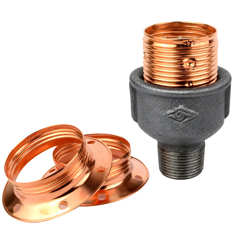 Kit portalampada E27 in metallo lucido color rame su raccordo maschio in ghisa nera economica