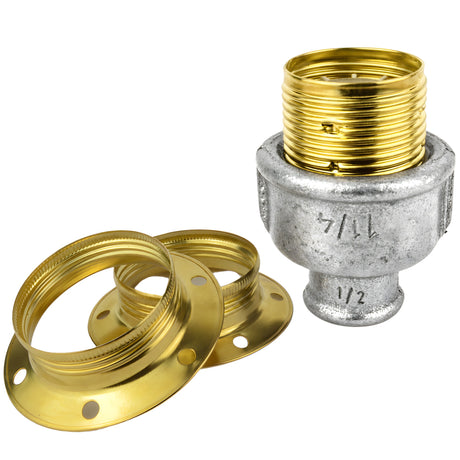 Kit portalampada E27 in metallo lucido color ottone su raccordo 1/2'' (15x21mm) femmina in ghisa zincata
