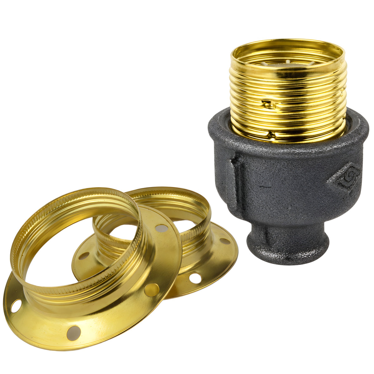 Kit portalampada E27 in metallo lucido color ottone su raccordo 1/2'' (15x21mm) femmina in ghisa nera economica