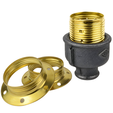 Kit portalampada E27 in metallo lucido color ottone su raccordo 1/2'' (15x21mm) femmina in ghisa nera economica