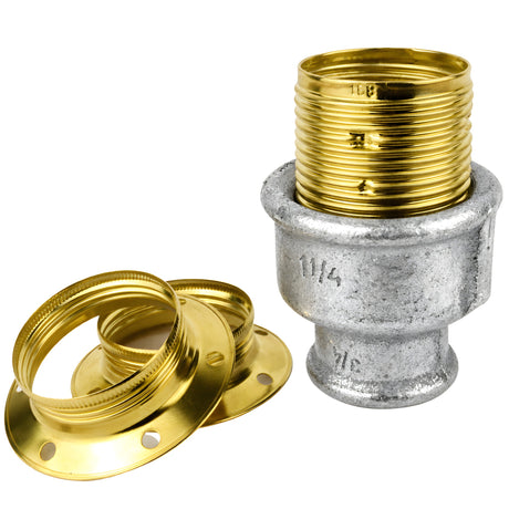 Kit portalampada E27 in metallo lucido color ottone su raccordo femmina in ghisa zincata