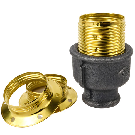 Kit portalampada E27 in metallo lucido color ottone su raccordo femmina in ghisa nera economica