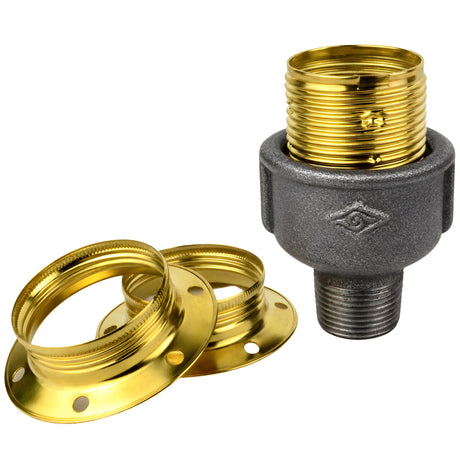 Kit portalampada E27 in metallo lucido color ottone su raccordo maschio in ghisa nera economica