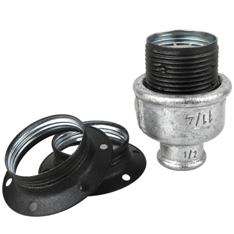Kit portalampada E27 in metallo opaco grigio su raccordo 1/2'' (15x21mm) femmina in ghisa zincata