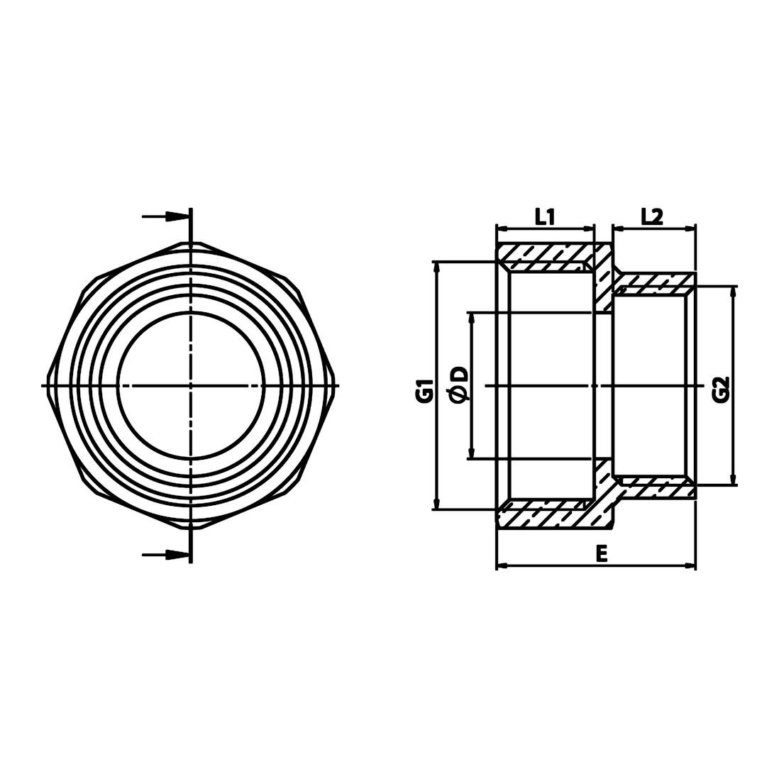 Disegno tecnico quotato: manicotto ridotto F/F in ottone (rif. 1240)