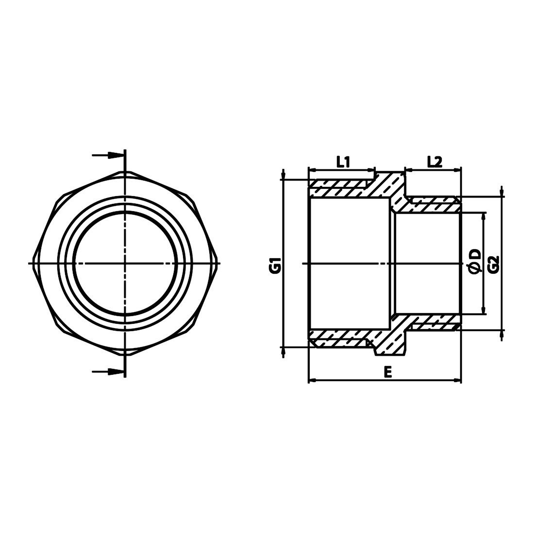 Disegno tecnico quotato: nipplo ridotto M/M in ottone (rif. 1245)