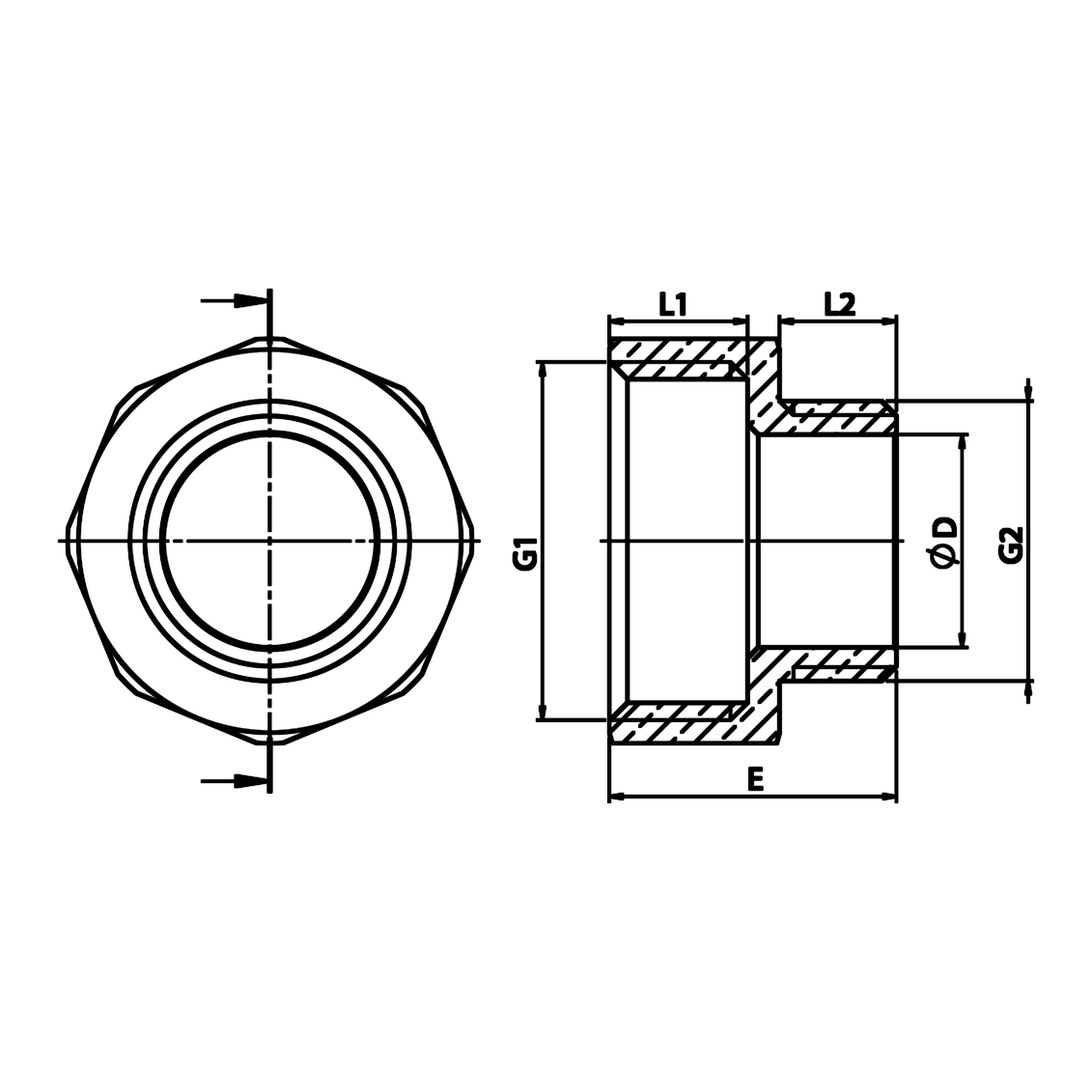 Disegno tecnico quotato: nipplo ridotto F/M in ottone (rif. 1246)