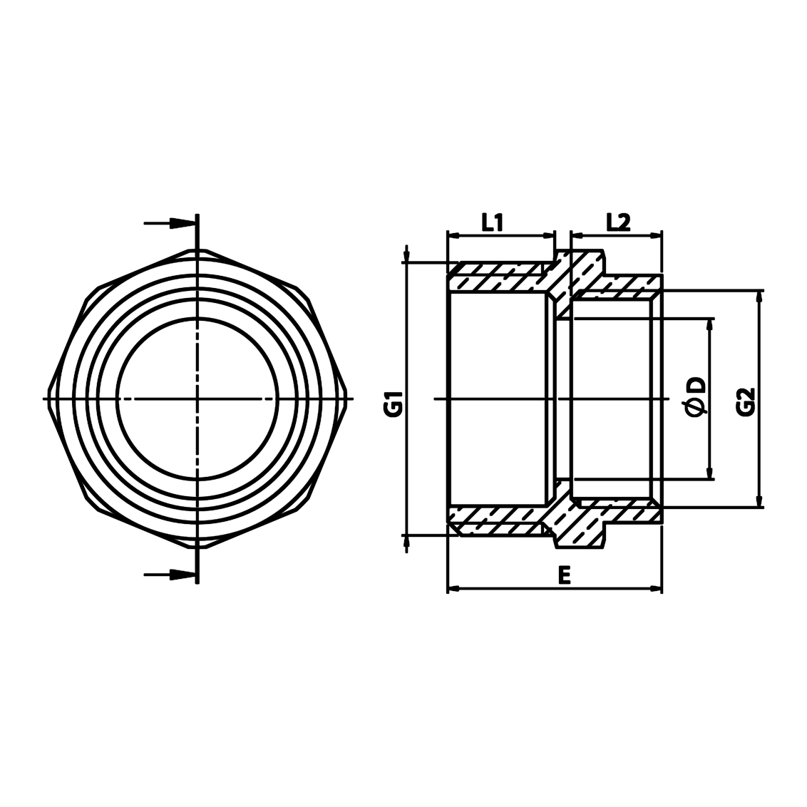 Disegno tecnico quotato: nipplo ridotto M/F in ottone (rif. 1247)