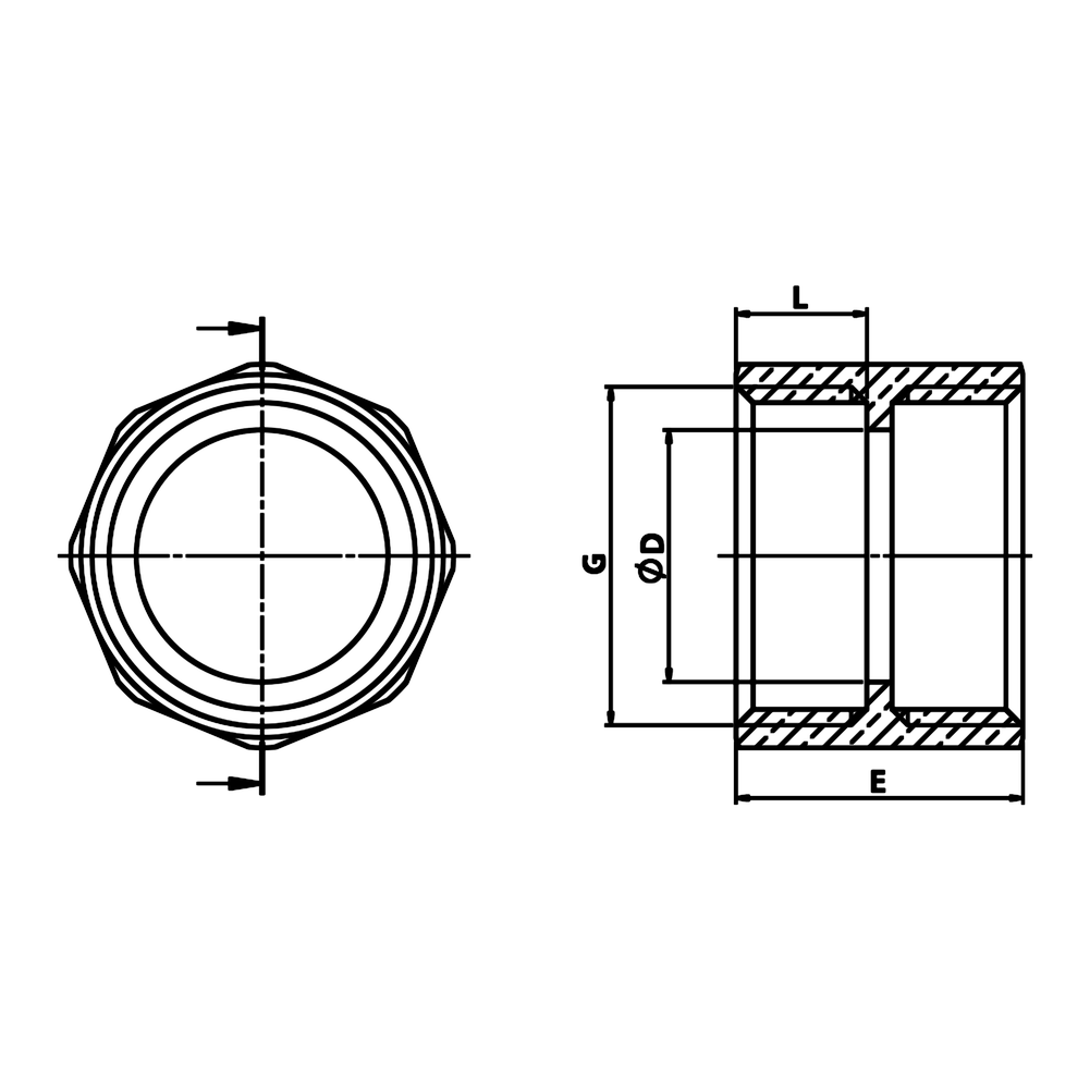 Disegno tecnico quotato: manicotto F/F con battuta in ottone (rif. 1270)