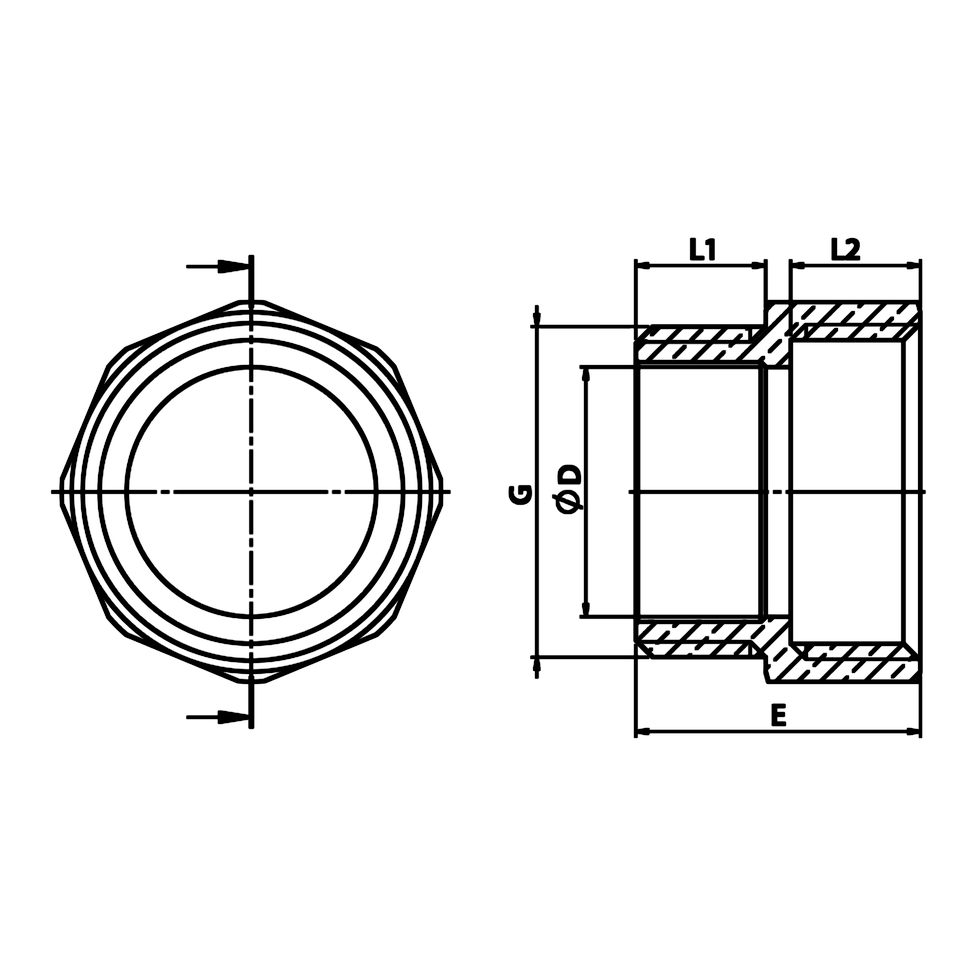Disegno tecnico quotato: nipplo uguale M/F in ottone (rif. 1281)