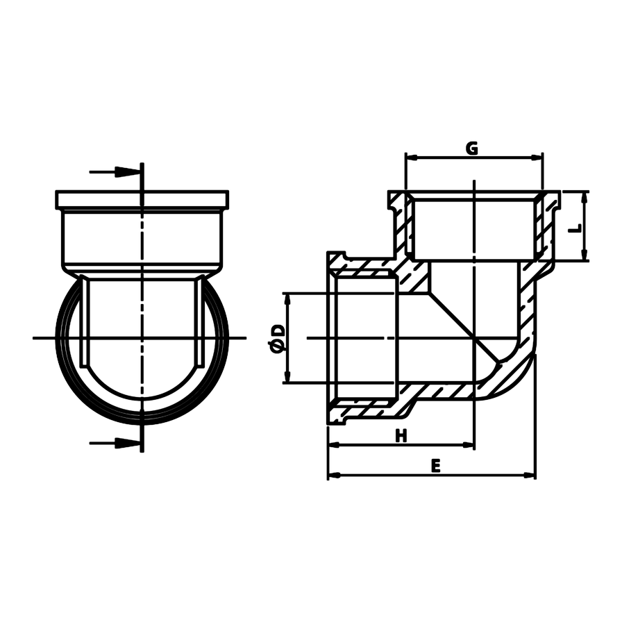 Disegno tecnico quotato: gomito 90° F/F in ottone (rif. 2090)