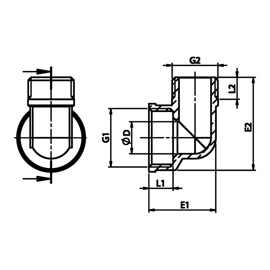 Disegno tecnico quotato: gomito ridotto F/M in ottone (rif. 2093)