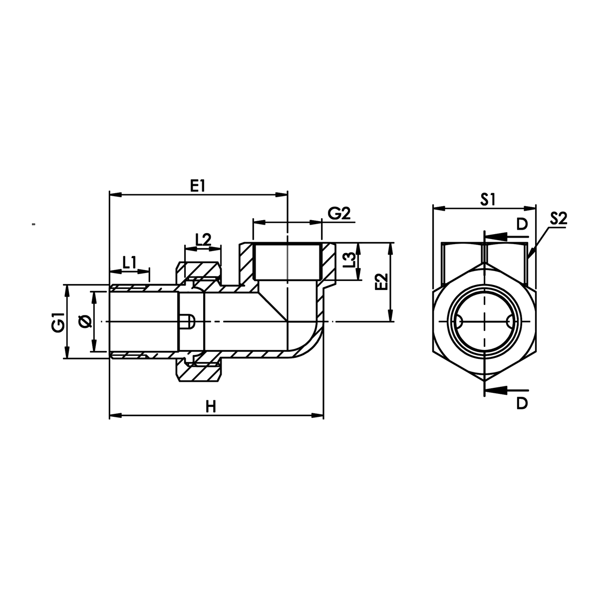 Disegno tecnico quotato: bocchettone a gomito M/F a sede conica in ottone (rif. 221)