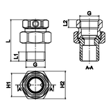 Disegno tecnico quotato: bocchettone diritto M/F a sede conica in ottone (rif. 222)