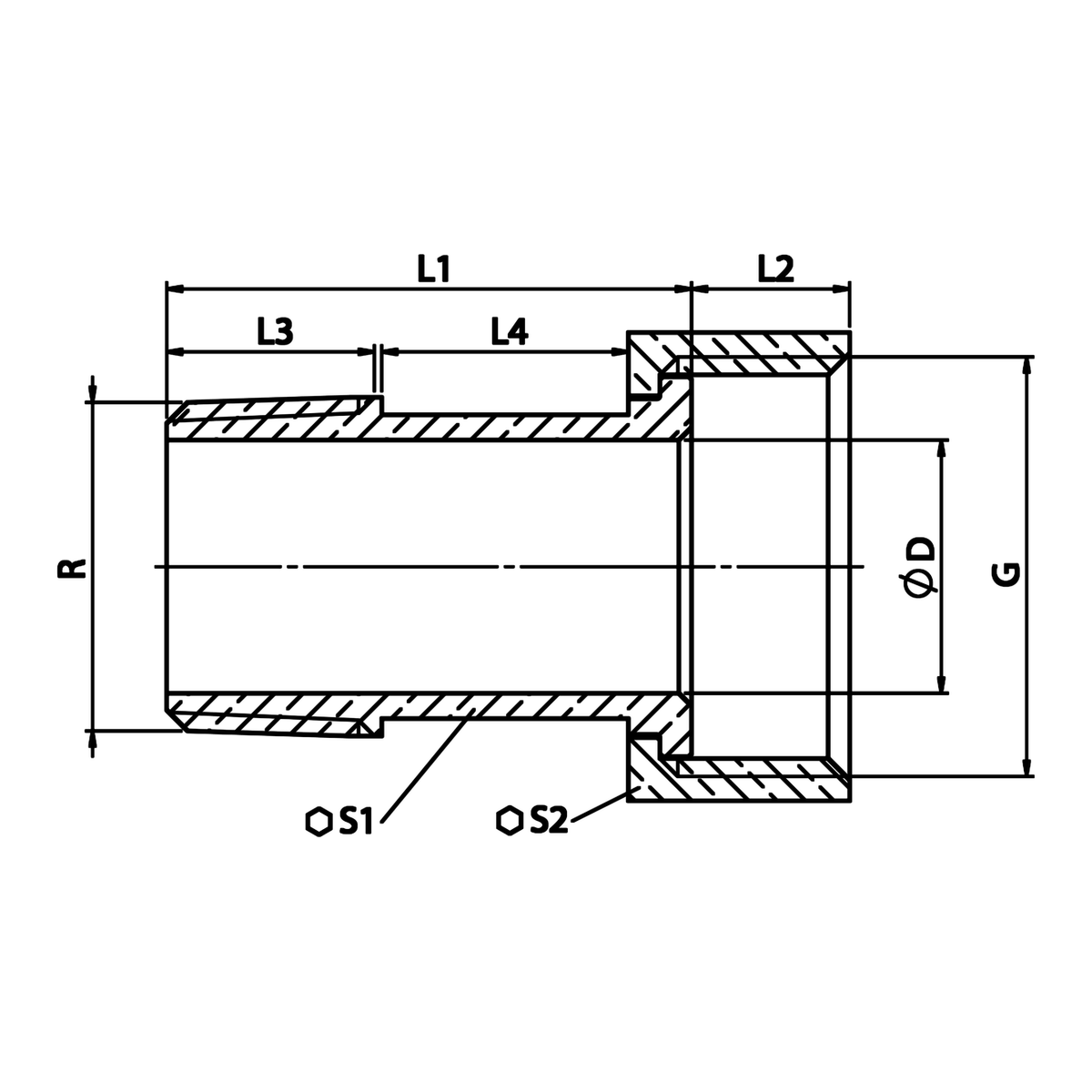 Disegno tecnico quotato: semiraccordo a bocchettone per contatore in ottone, filettatura conica R (rif. 2309)