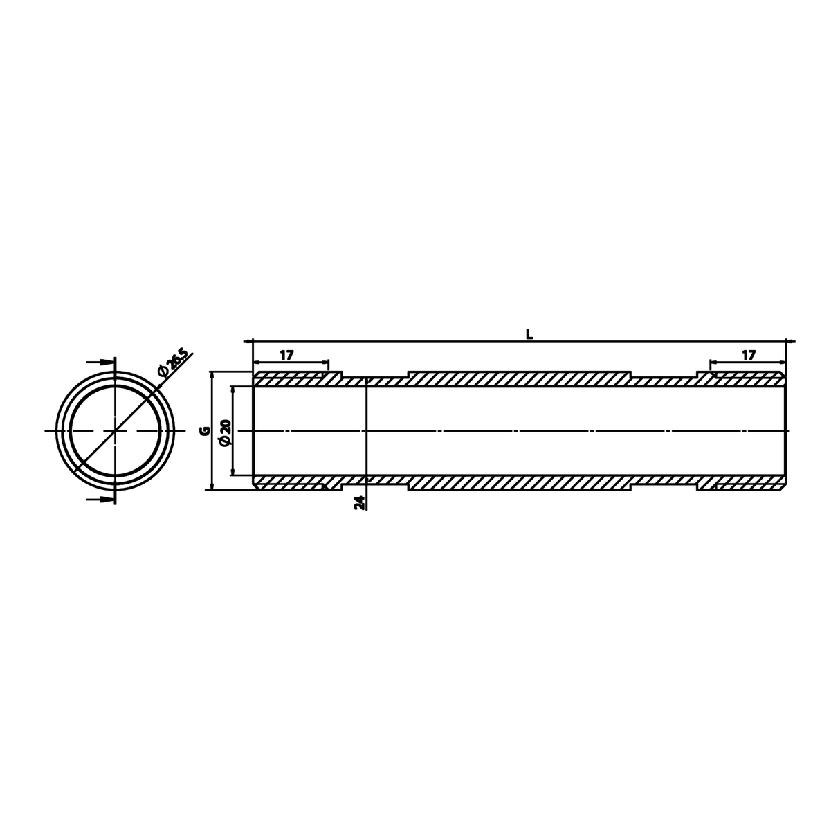 Disegno tecnico quotato: tubo di attesa M/M per contatore d'acqua in ottone (rif. 2311)