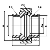 Disegno tecnico quotato: bocchettone a sede piana F/F con guarnizione EPDM in ottone (rif. 2330)