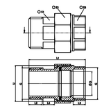 Disegno tecnico quotato: bocchettone a sede piana M/F con guarnizione EPDM in ottone (rif. 2331)