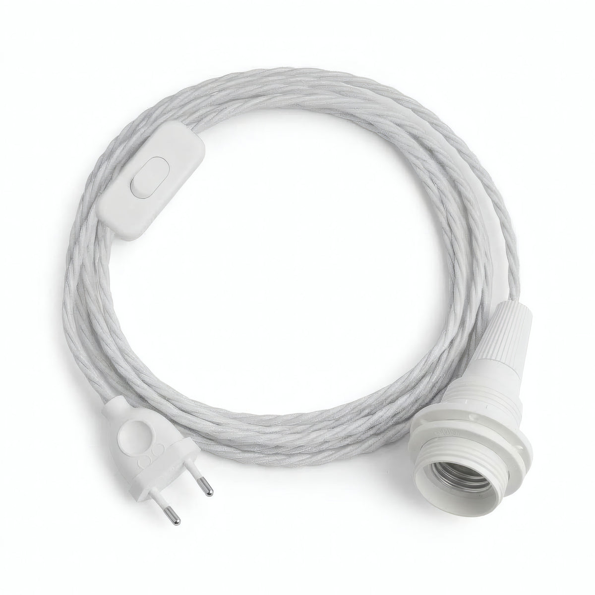Lampada a sospensione con cavo tessile intrecciato, cotone bianco ottico, portalampada E14 con ghiere per paralume