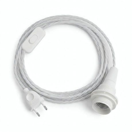 Lampada a sospensione con cavo tessile intrecciato, cotone bianco ottico, portalampada E14 con ghiere per paralume