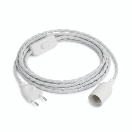 Lampada a sospensione con cavo tessile intrecciato, cotone bianco ottico, portalampada E14
