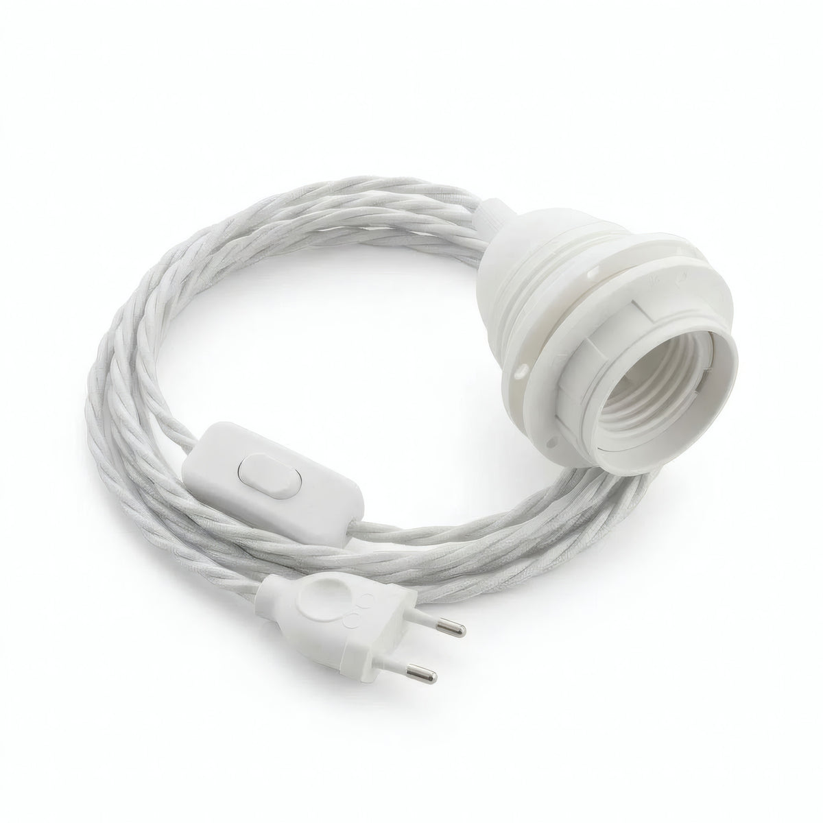 Lampada a sospensione con cavo tessile intrecciato, cotone bianco ottico, portalampada E27 con ghiere per paralume