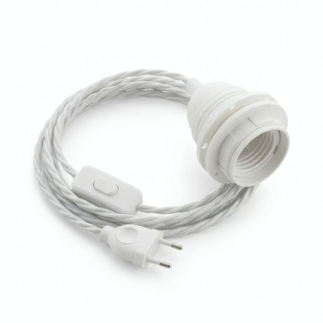 Lampada a sospensione con cavo tessile intrecciato, cotone bianco ottico, portalampada E27 con ghiere per paralume