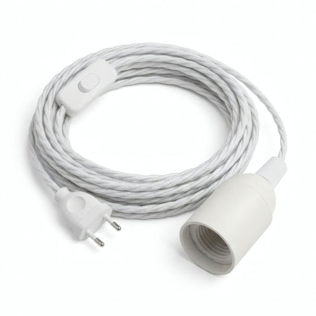 Lampada a sospensione con cavo tessile intrecciato, cotone bianco ottico, portalampada E27