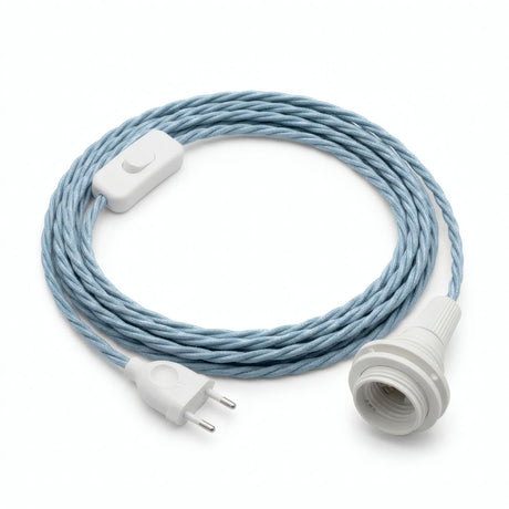 Lampada a sospensione con cavo tessile intrecciato, cotone blu oceano, portalampada E14 con ghiere per paralume