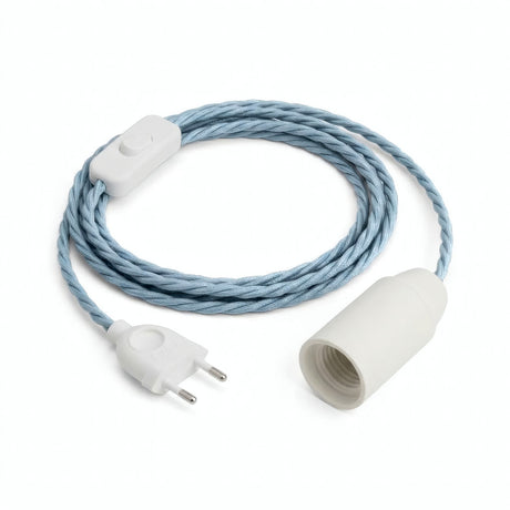 Lampada a sospensione con cavo tessile intrecciato, cotone blu oceano, portalampada E14