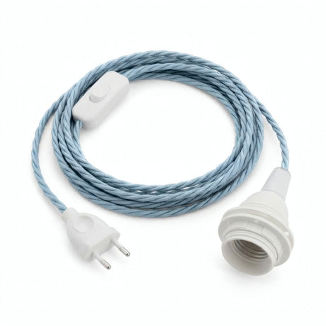 Lampada a sospensione con cavo tessile intrecciato, cotone blu oceano, portalampada E27 con ghiere per paralume