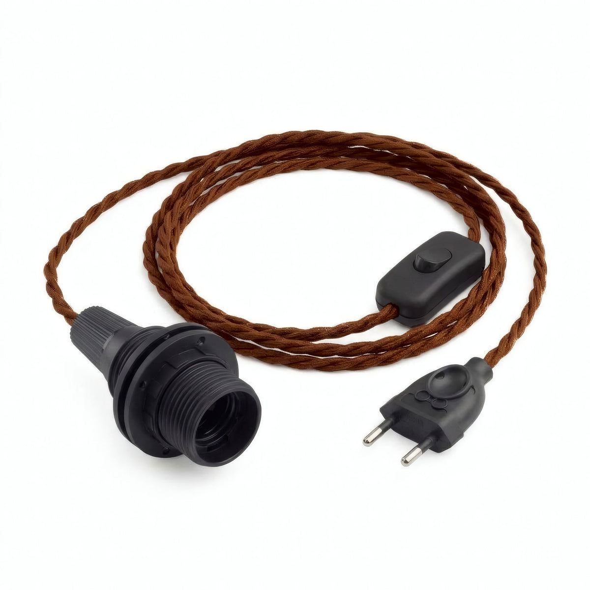 Lampada a sospensione con cavo tessile intrecciato, cotone marrone cannella, portalampada E14 con ghiere per paralume