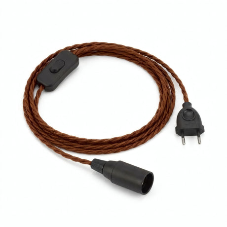 Lampada a sospensione con cavo tessile intrecciato, cotone marrone cannella, portalampada E14