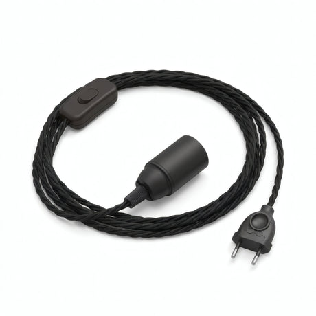 Lampada a sospensione con cavo tessile intrecciato, cotone nero carbone, portalampada E14