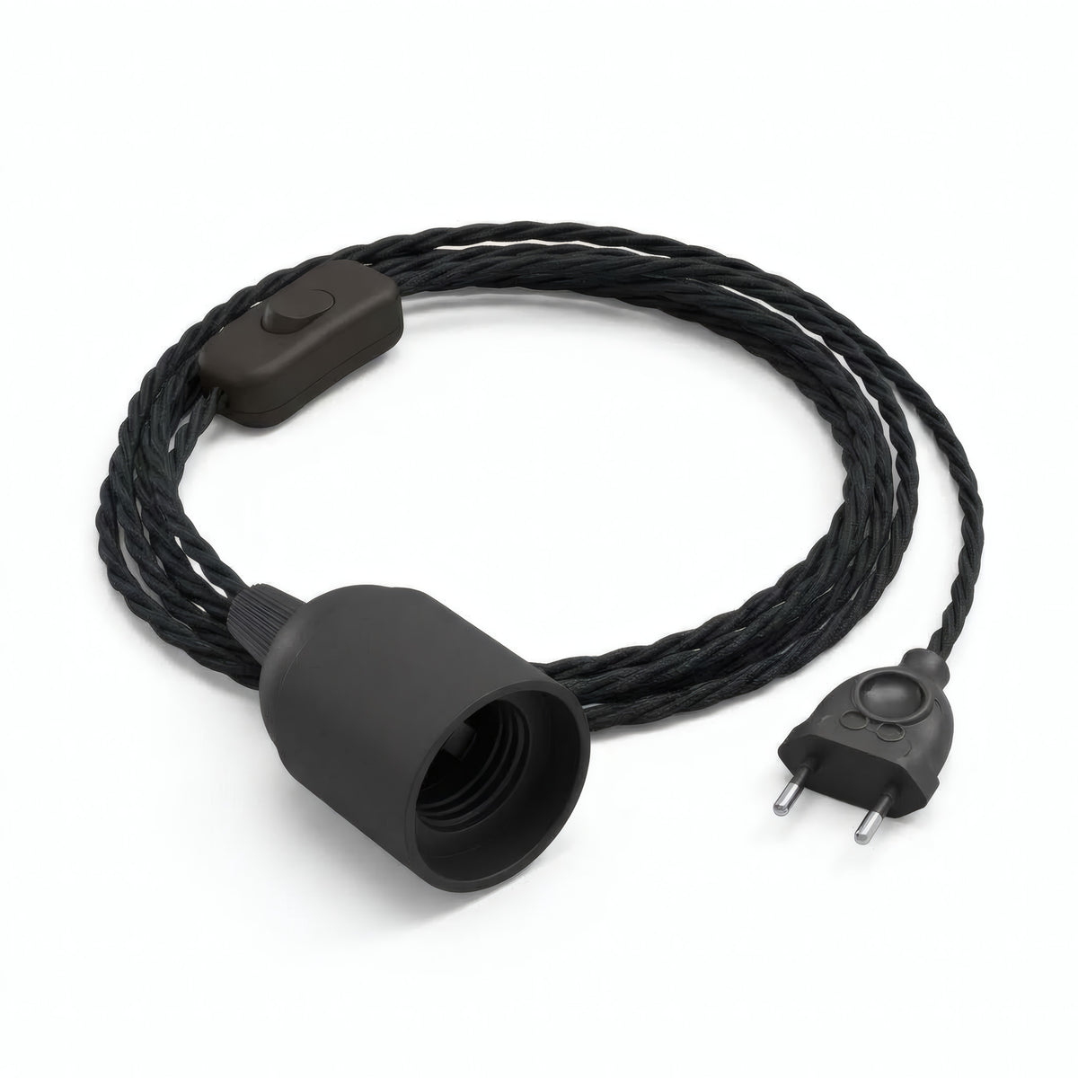 Lampada a sospensione con cavo tessile intrecciato, cotone nero carbone, portalampada E27