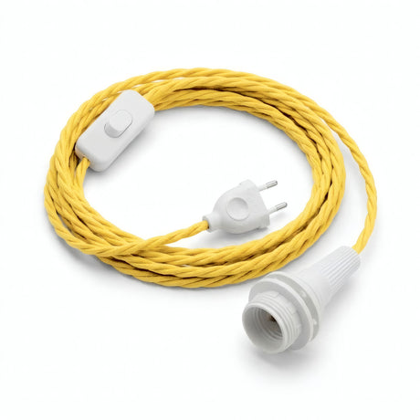 Lampada a sospensione con cavo tessile intrecciato, effetto seta giallo mais, portalampada E14 con ghiere per paralume