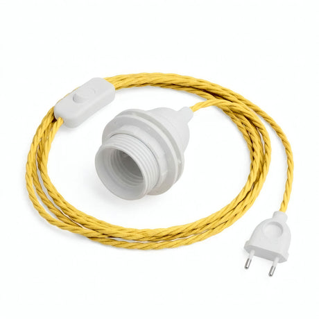 Lampada a sospensione con cavo tessile intrecciato, effetto seta giallo mais, portalampada E27 con ghiere per paralume