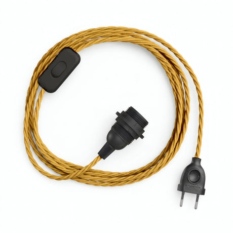 Lampada a sospensione con cavo tessile intrecciato, effetto seta giallo senape, portalampada E14 con ghiere per paralume
