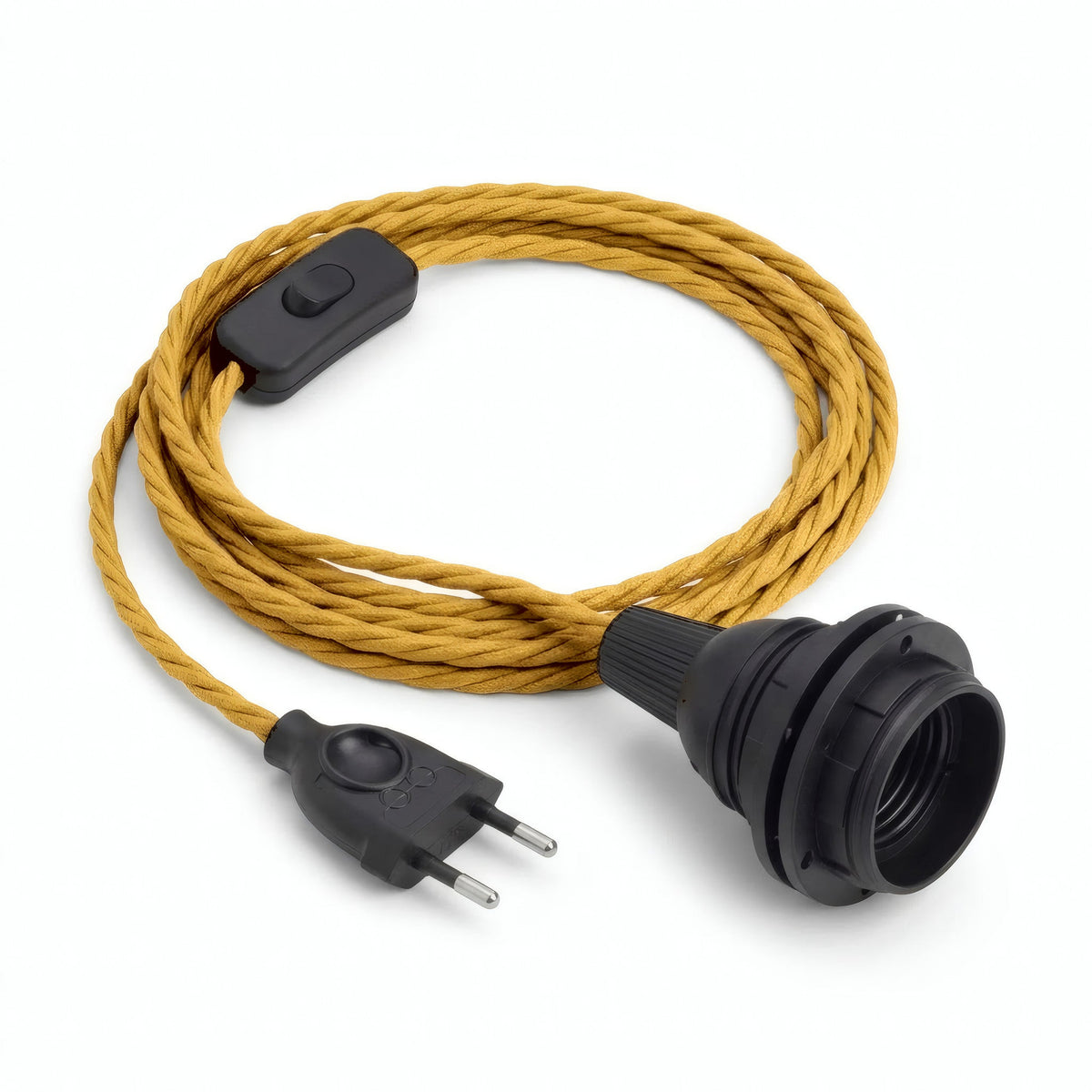Lampada a sospensione con cavo tessile intrecciato, effetto seta giallo senape, portalampada E27 con ghiere per paralume