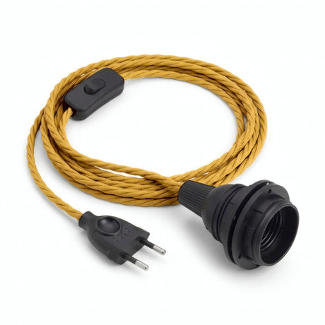 Lampada a sospensione con cavo tessile intrecciato, effetto seta giallo senape, portalampada E27 con ghiere per paralume