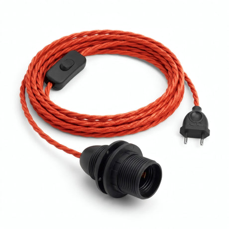 Lampada a sospensione con cavo tessile intrecciato, effetto seta rosso fuoco, portalampada E14 con ghiere per paralume